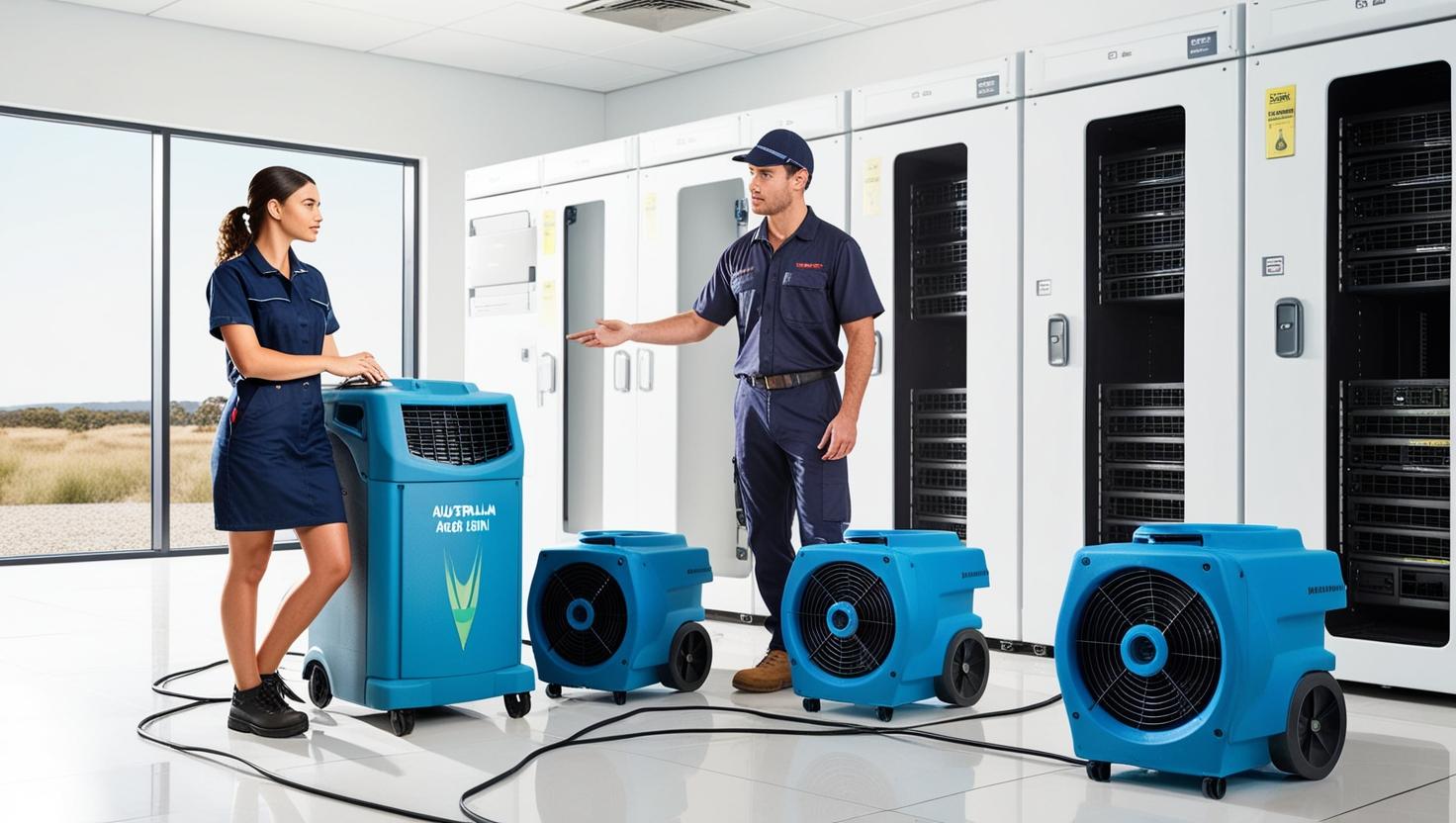 Two technicians operating blue equipment demonstrating Advanced Climate Control in a modern server room environment Two technicians operating blue equipment demonstrating Advanced Climate Control in a modern server room environment